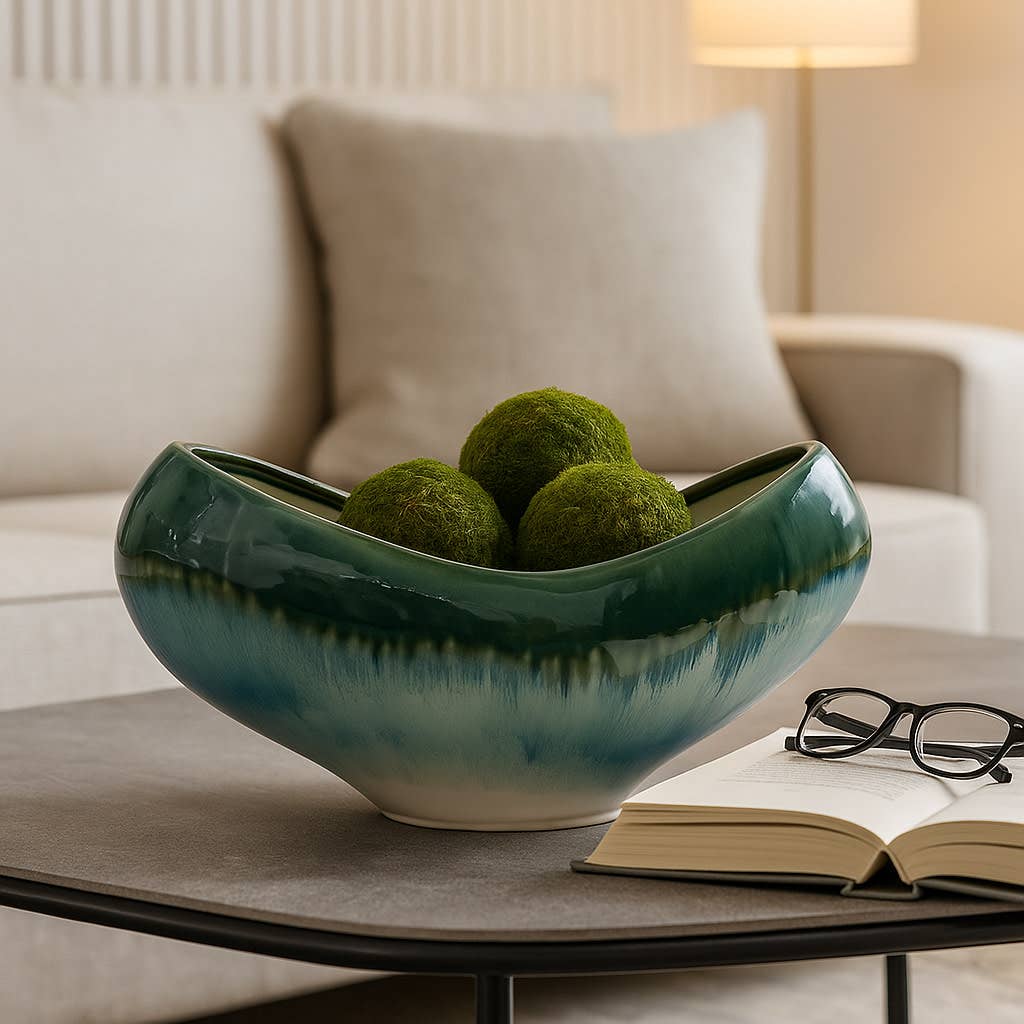 Decorative Bowl - Blue/Green Ceramic Curved Ombre, 15 in.