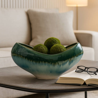 Decorative Bowl - Blue/Green Ceramic Curved Ombre, 15 in.