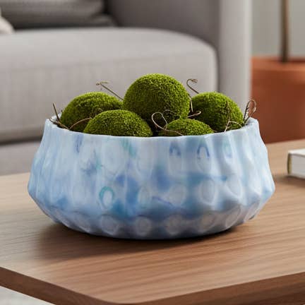 Decorative Bowl - Blue Glass Modern Carved Stylish, 12 in.