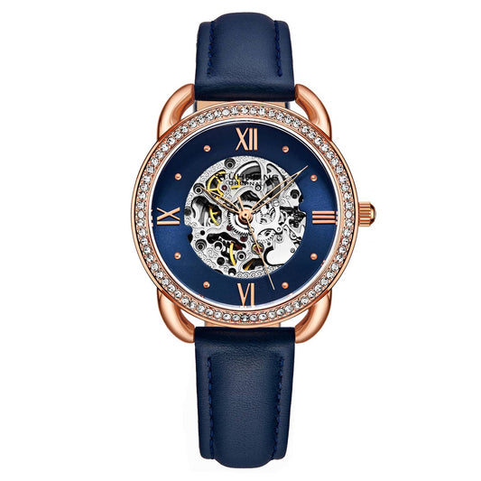 Stuhrling Original Model 3992 Women's Automatic Watch, 36mm, Blue Dial, Blue Leather Strap, Skeleton Dial