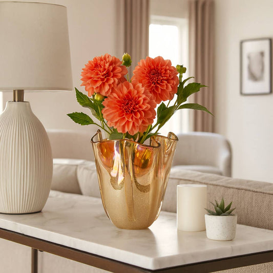 Decorative Vase - Orange Glass Artisan Blown Ruffled, 9 in.