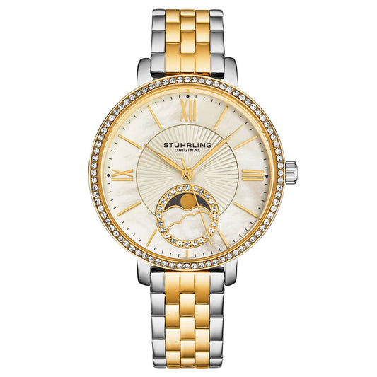Stuhrling Original Horizon Women's Quartz Watch, 36mm, White Mother-of-Pearl Dial, Two-Tone Gold & Silver Bracelet, Crystal-Accented Bezel