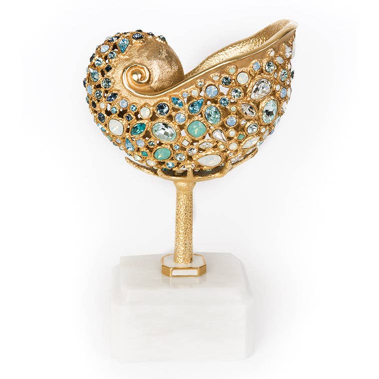 Jay Strongwater Channing Nautilus Shell with Marble Base Seashell Swarovski Crystal Enamel Gold-Finished Tabletop Object