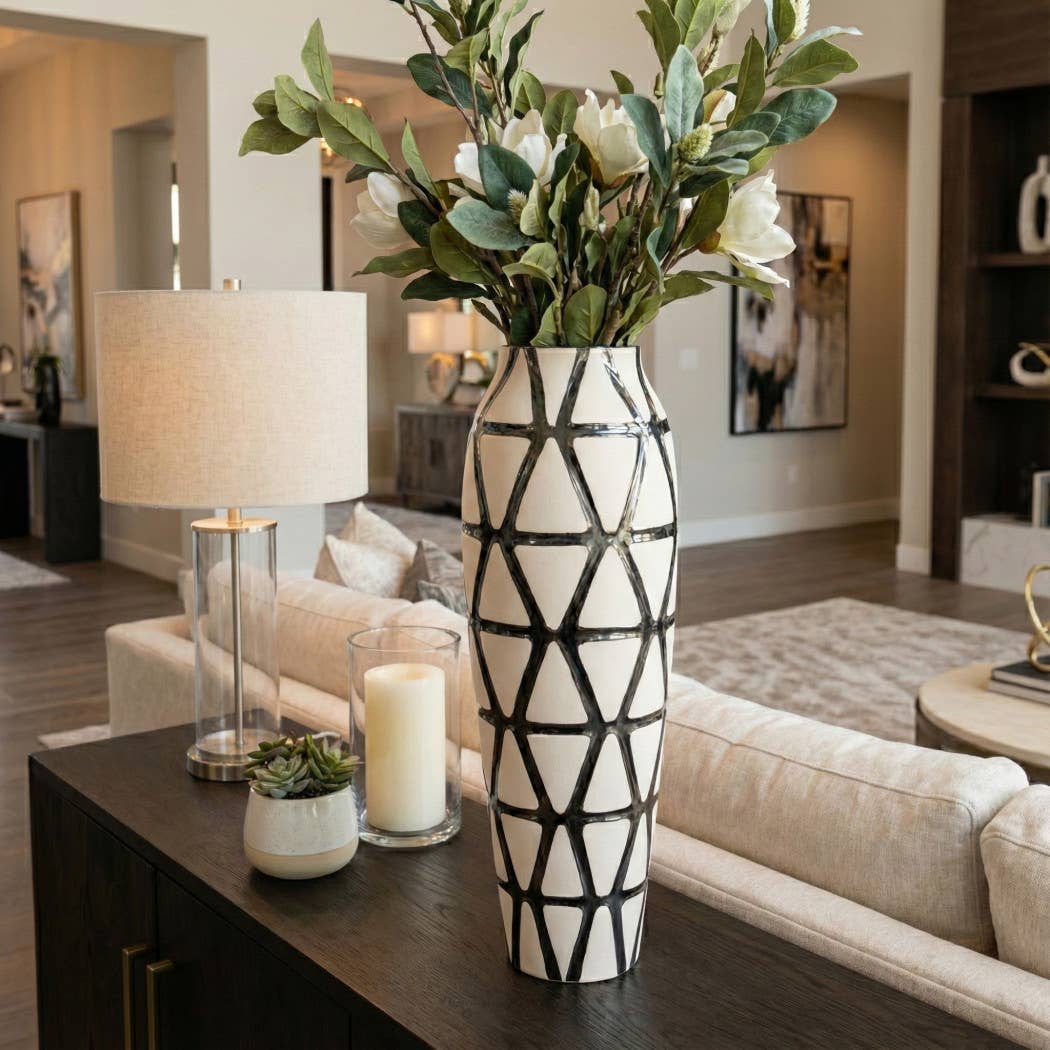 Decorative Vase - Ivory/Silver Ceramic Tribal Design, 22 in.