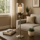 Candle Holder - Silver Metal Small Floor Hurricane, 25 in.
