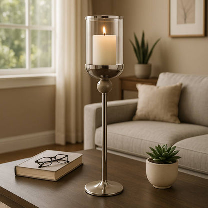 Candle Holder - Silver Metal Small Floor Hurricane, 25 in.