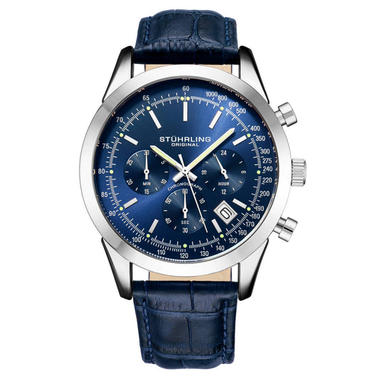 Stuhrling Original Rialto Men's Quartz Chronograph Watch, Blue Leather Strap