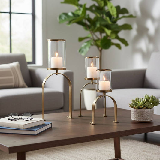 Candle Holders Set of 3 - Gold Metal Pillar, 10/16/22 in.