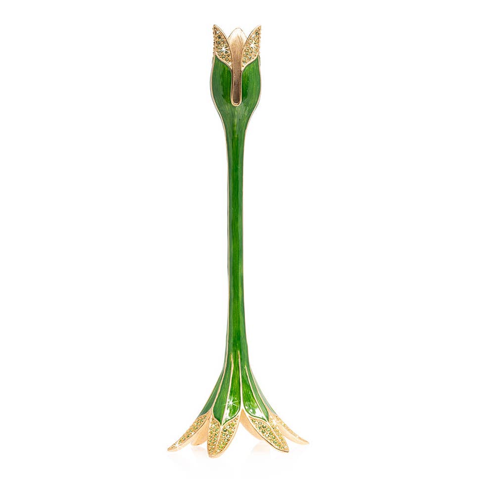 Jay Strongwater Ambrosius Tulip Green Candlestick Holder, Leaf Swarovski Crystal Enamel Gold-Finished