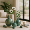 Bottles Set of 3 - Green Ceramic Glazed Flower, 9/12/14 in.