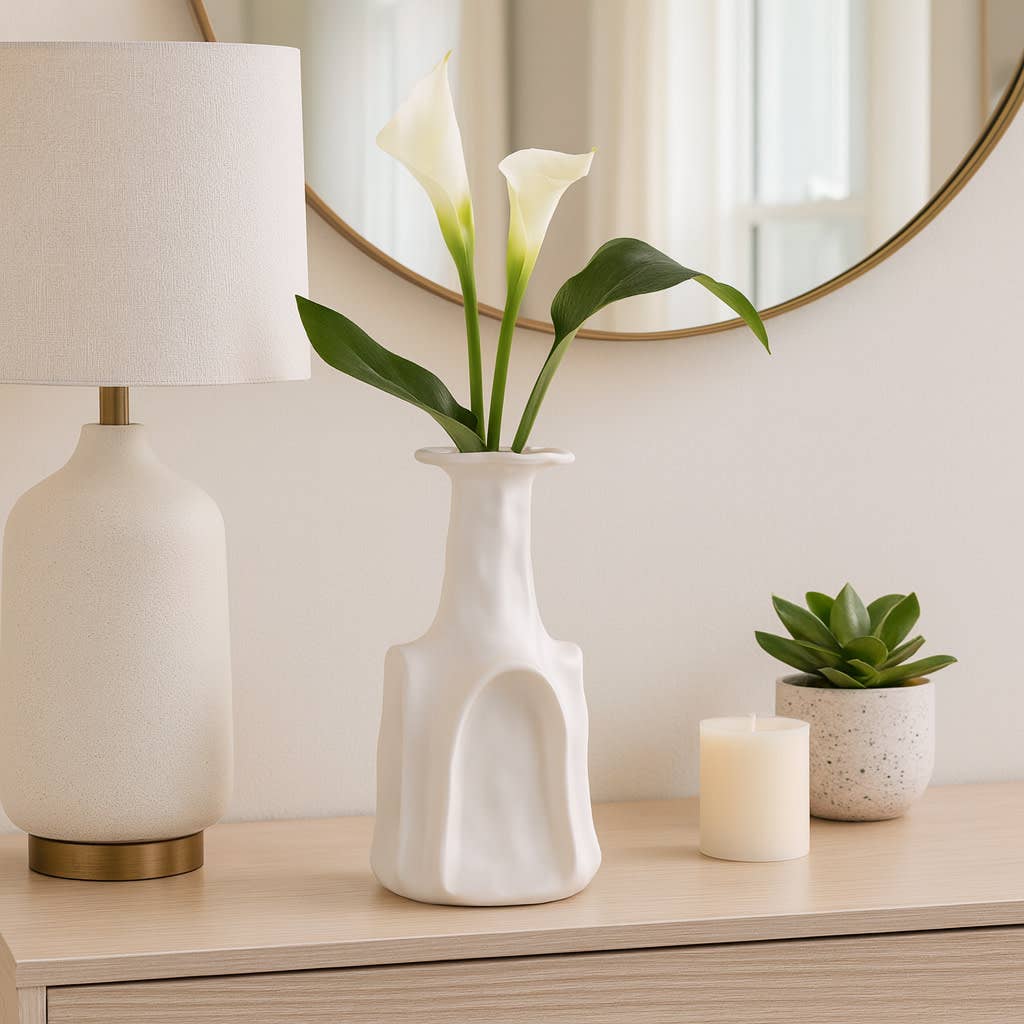 Decorative Vase - White Ceramic Sleek Short Design, 13 in.