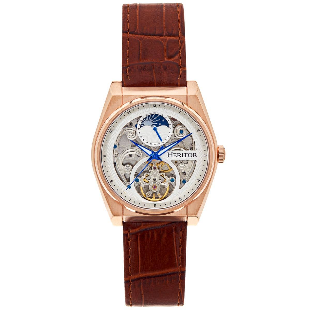 Heritor Daxton Men's Automatic Skeleton Leather Watch, Brown/Rose Gold