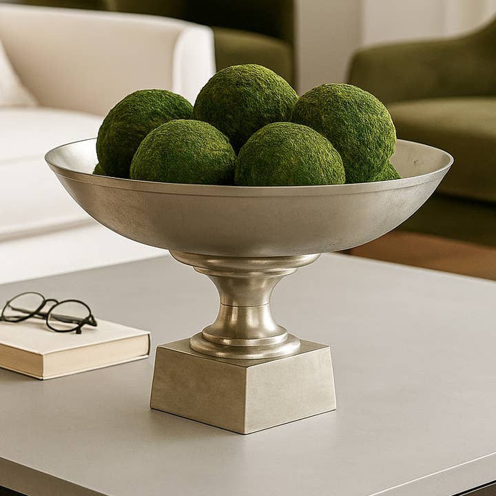 Decorative Bowl - Silver Metal Round On Square Base, 20 in.