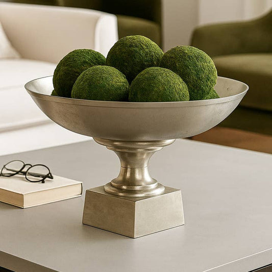 Decorative Bowl - Silver Metal Round On Square Base, 20 in.
