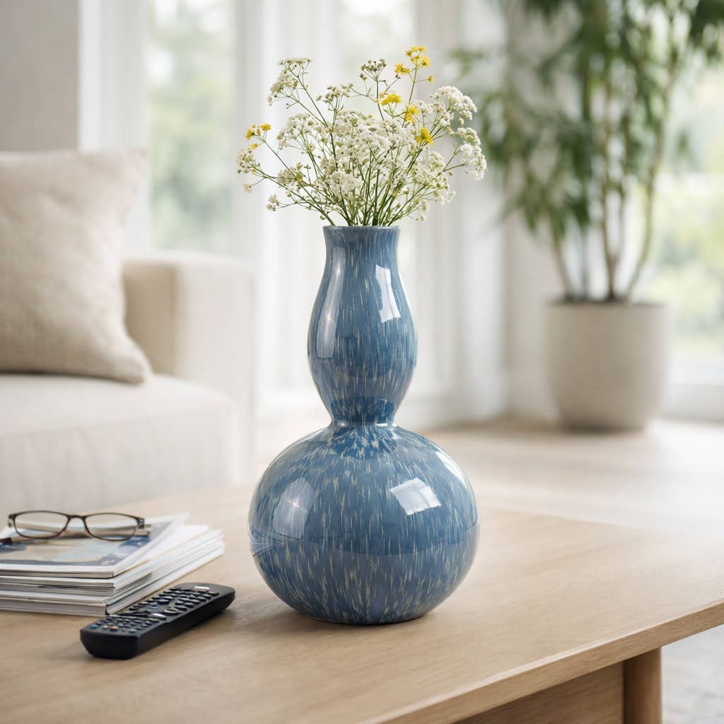 Decorative Vase - Blue Ceramic Double-Gourd Glossy, 18 in.