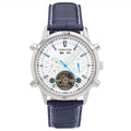 Authentic Heritor Wilhelm Men's Automatic Semi-Skeleton Leather Watch, Silver/Blue