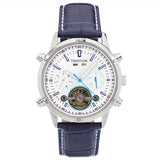 Authentic Heritor Wilhelm Men's Automatic Semi-Skeleton Leather Watch, Silver/Blue
