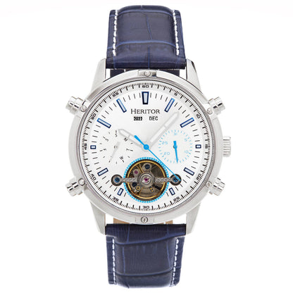 Heritor Wilhelm Men's Automatic Semi-Skeleton Leather Watch, Silver/Blue