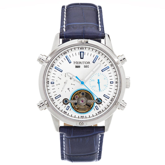 Heritor Wilhelm Men's Automatic Semi-Skeleton Leather Watch, Silver/Blue