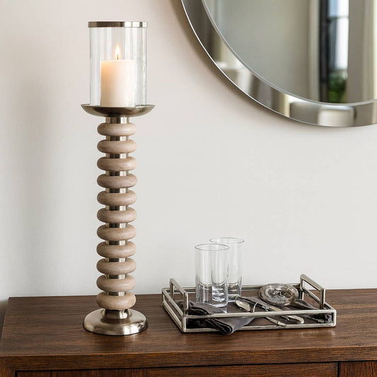 Candle Holder - Grey Wood Pillar with Ring Base, 25 in.