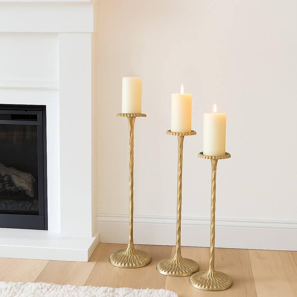 Candle Holder Set of 3 - Gold Metal Tall Stands, 26/32/40 in
