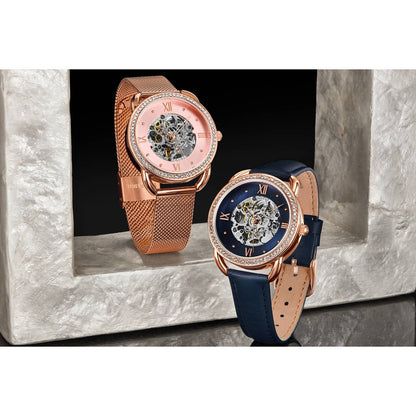 Stuhrling Original Model 3992 Women's Automatic Watch, 36mm, Blue Dial, Blue Leather Strap, Skeleton Dial
