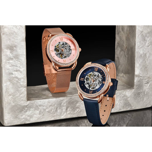 Stuhrling Original Model 3992 Women's Automatic Watch, 36mm, Blue Dial, Blue Leather Strap, Skeleton Dial