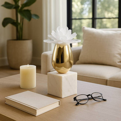 Sculpture - Gold/White Glass Flower On Marble Base, 10 in.