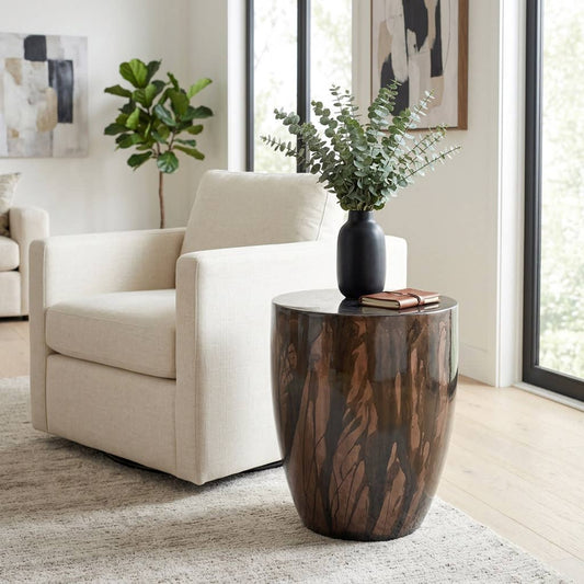 Side Table - Brown Metal Handcrafted Drum Design, 19 in.