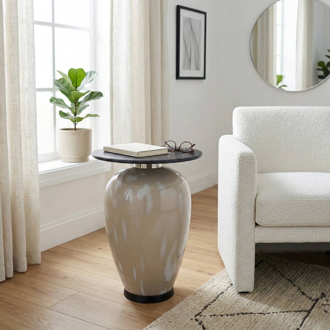 Side Table - Black Marble Top with White Glass Base, 22 in.