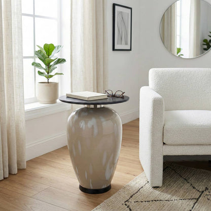 Side Table - Black Marble Top with White Glass Base, 22 in.