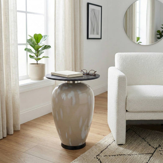 Side Table - Black Marble Top with White Glass Base, 22 in.