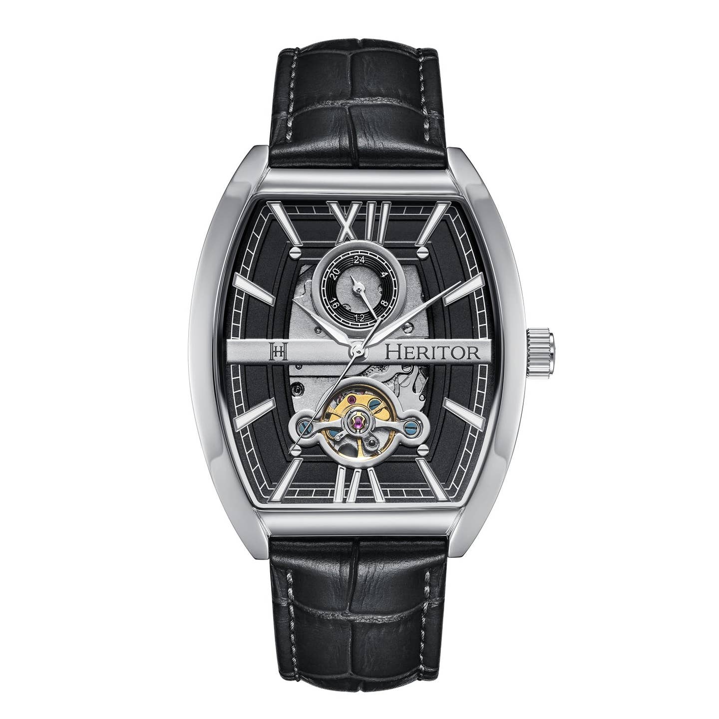 Heritor Masterson Men's Automatic Semi-Skeleton Leather Watch, Silver/Black