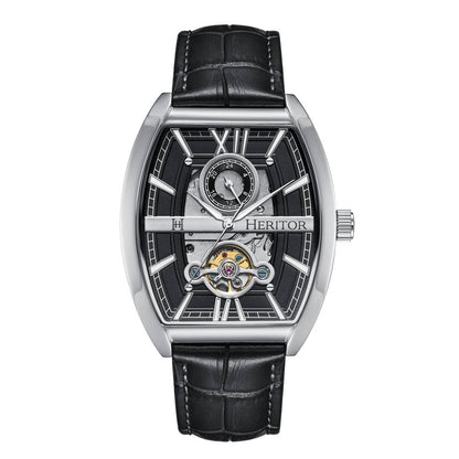 Heritor Masterson Men's Automatic Semi-Skeleton Leather Watch, Silver/Black