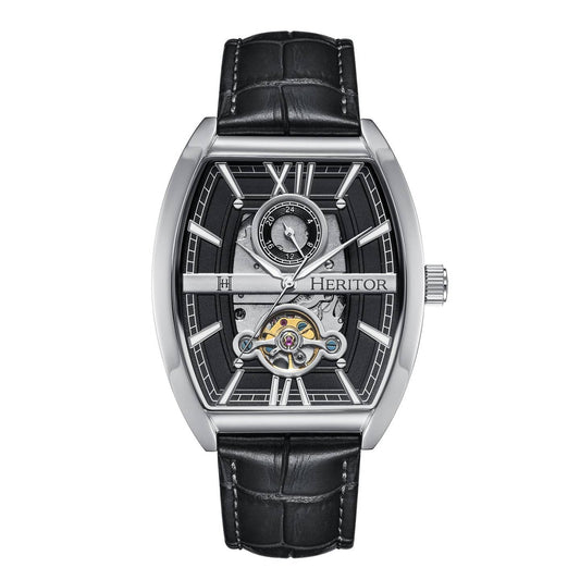Heritor Masterson Men's Automatic Semi-Skeleton Leather Watch, Silver/Black