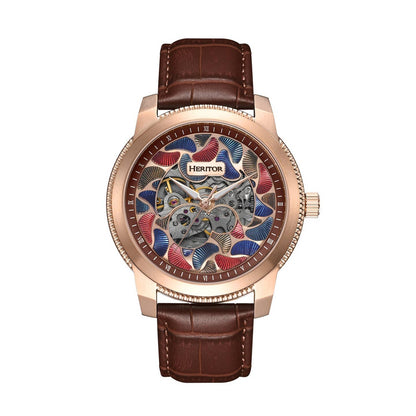 Heritor Emmanuel Men's Automatic Semi-Skeleton Leather Watch, Rose Gold/Brown