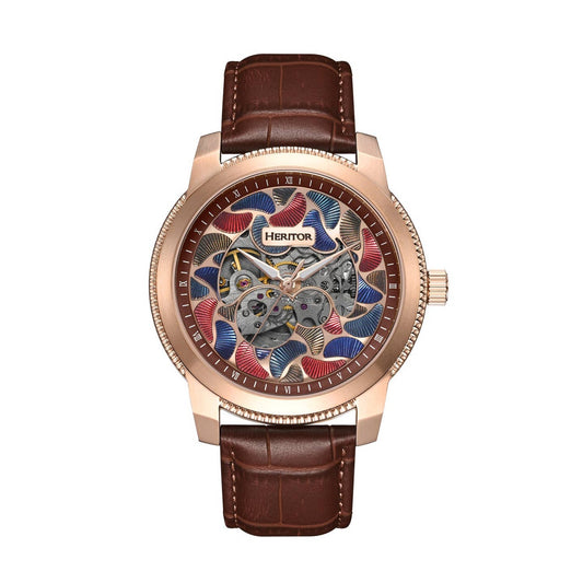 Heritor Emmanuel Men's Automatic Semi-Skeleton Leather Watch, Rose Gold/Brown