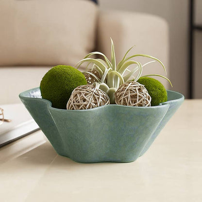 Decorative Bowl - Green Ceramic Wavy Edged Pattern, 13 in.