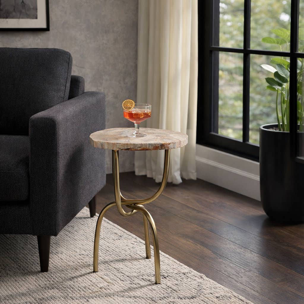 Side Table - Gold Metal Wood Hammered Base, 20 in.