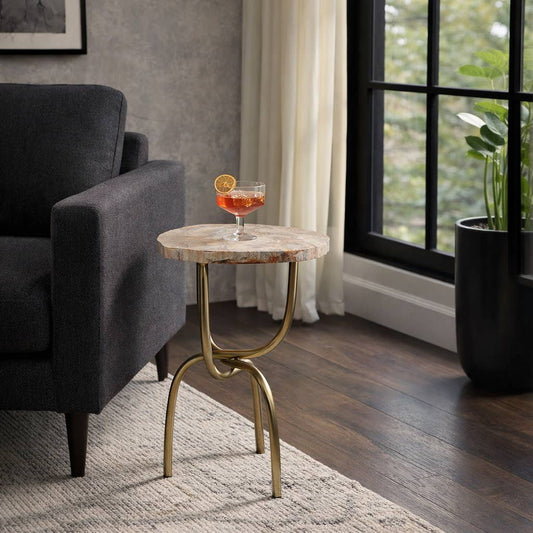 Side Table - Gold Metal Wood Hammered Base, 20 in.