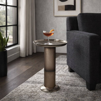 Side Table - Gold Glass Metal Textured Pedestal Base, 21 in.