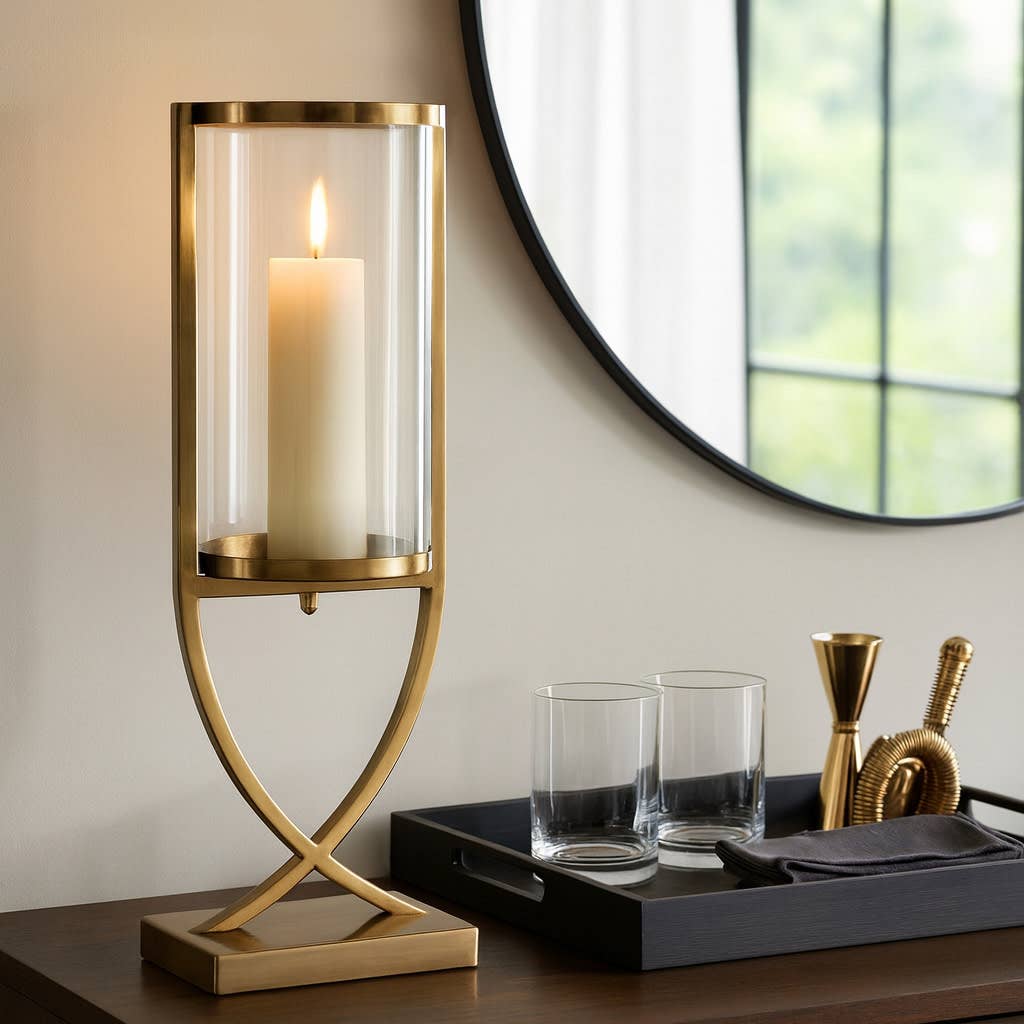 Candle Holder - Gold Metal Glass Cylindrical Pillar, 23 in.