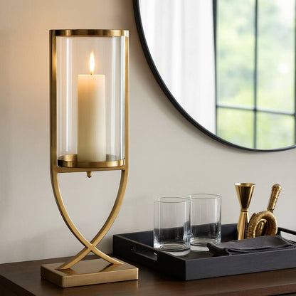 Candle Holder - Gold Metal Glass Cylindrical Pillar, 23 in.