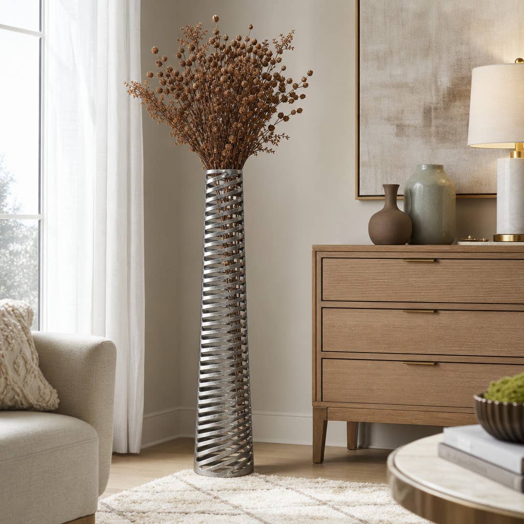 Decorative Vase - Silver Metal Medium Textured Floor, 48 in.