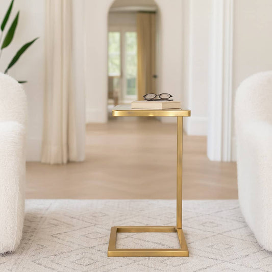 Side Table - White Selenite Top with Gold C-Frame, 24 in.