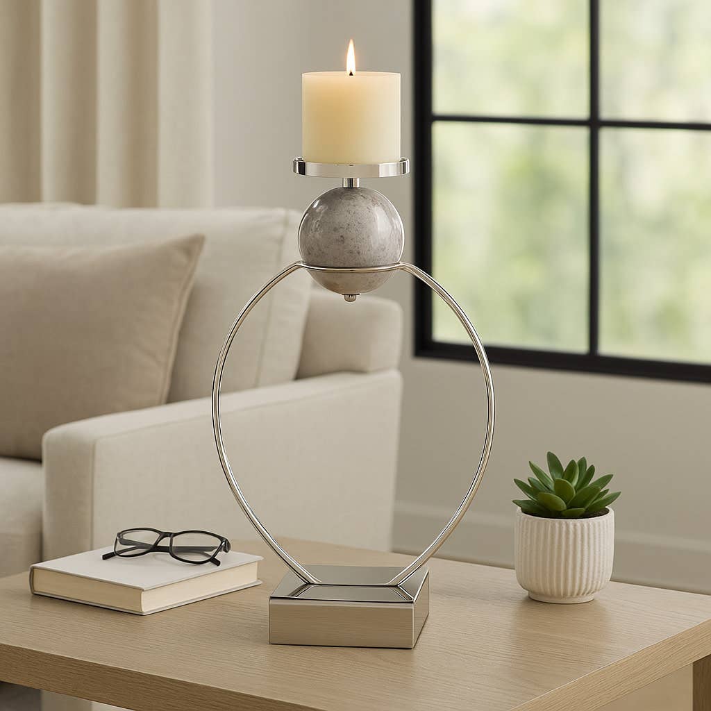 Candle Holder - Silver Metal with Marble Sphere, 26 in.