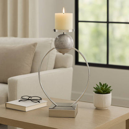 Candle Holder - Silver Metal with Marble Sphere, 26 in.