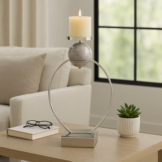 Candle Holder - Silver Metal with Marble Sphere, 26 in.