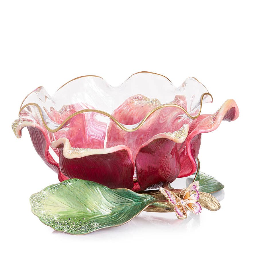 Jay Strongwater Sydney Large Flower Ruffle Swarovski Crystal Enamel Gold-Finished Decorative Bowl, Flora
