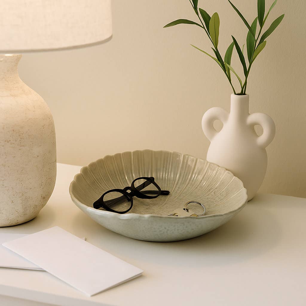 Decorative Bowl - Beige Ceramic Ribbed Pattern, 16 in.